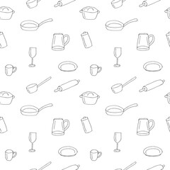 Kitchen utensils seamless pattern, vector illustration, hand drawing, doodles