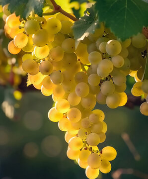 Ripe golden grapes hanging in the sunlight, AI Generative.