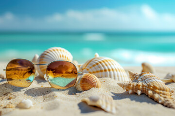 Sunglasses a seashells on sand during relaxing beach vacation in summer Generative AI