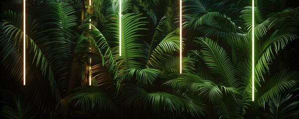 Lush palm leaves illuminated with neon lights - obrazy, fototapety, plakaty