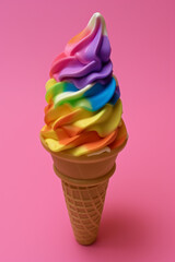 Naklejka premium Rainbow Swirl Soft Serve Ice Cream on Pink Backdrop