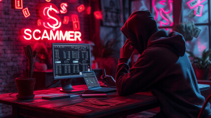 Scammer stares at the monitor, plotting with a smartphone in hand. Text ‘Scammer’, they hunt for victims, eyeing phone numbers for their deceitful schemes. - obrazy, fototapety, plakaty