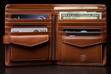 Leather wallet, removable and can hold cards, placed on a wooden table, photos, sets,