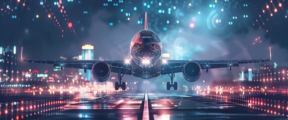 Futuristic cityscape with illuminated skyscrapers and commercial plane preparing to take off - obrazy, fototapety, plakaty