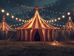 An enchanting night circus tent illuminated by twinkling lights amidst the serene beauty of nature - obrazy, fototapety, plakaty