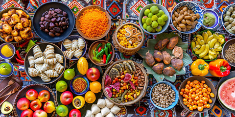 Fototapeta premium Assorted Tropical Fruits and Vegetables Display