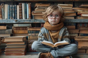 Serious cute little child on background of old books, in library, nerd
