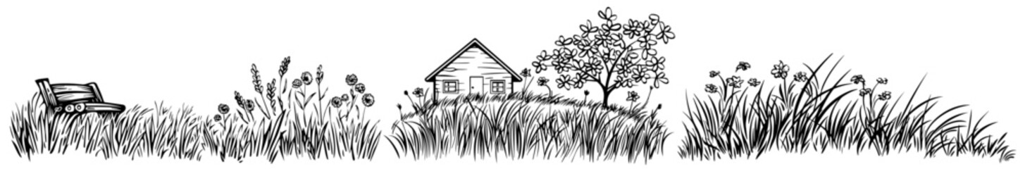 a cottage in the countryside surrounded by tall grass and meadows, nocolor vector illustration silhouette for laser cutting cnc, engraving, black shape decoration