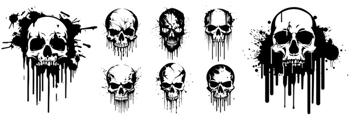 skulls in a dark grunge style, splashed paint vector silhouette print illustration 