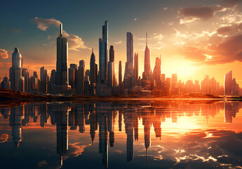 A futuristic cityscape at sunset