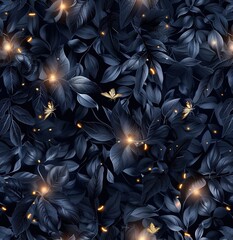 Enchanted Night Garden: A magical spectacle of illuminated dark foliage and golden fireflies