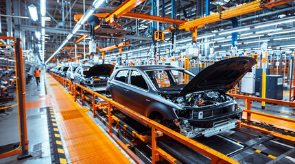 Car assembly line in a modern factory, vehicle manufacturing industry production hd