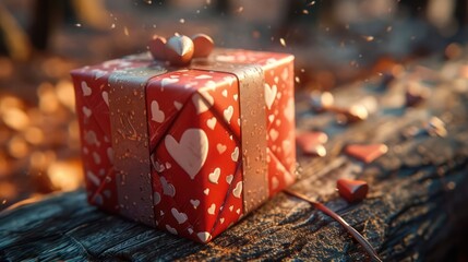 details of an elegantly wrapped gift box with heart motifs