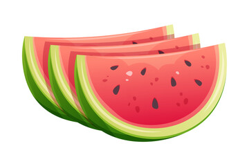 Cut slices of watermelon stand in row on white background. Vector cartoon design element of watermelon flavor, summer