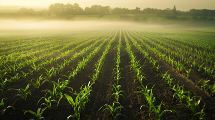 Rows of young corn plants on a moist field in a misty morning, AI Generative.
