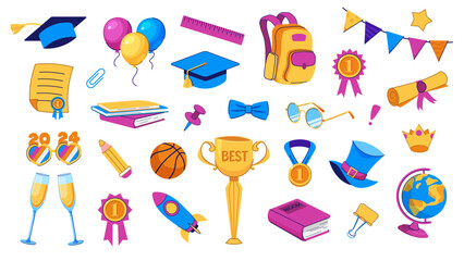 Set of vector stickers on graduation theme 2024. Graduation ceremony, graduation party. Master's hat, diploma, champagne, books, awards and festive accessories
