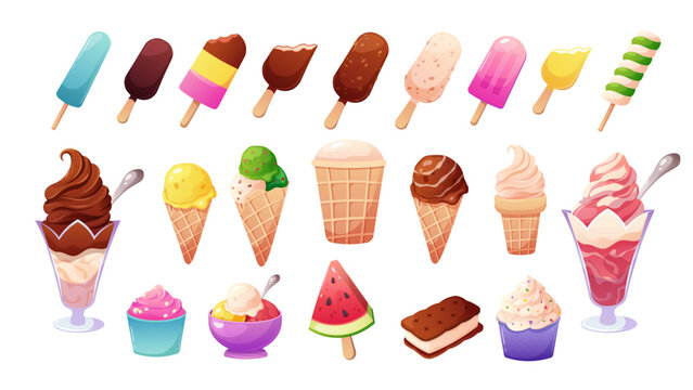 Set of cartoon ice cream on white background. Ice cream in waffle cone, cup, creamer, ice cream balls, fruit ice. Vector illustration, stickers