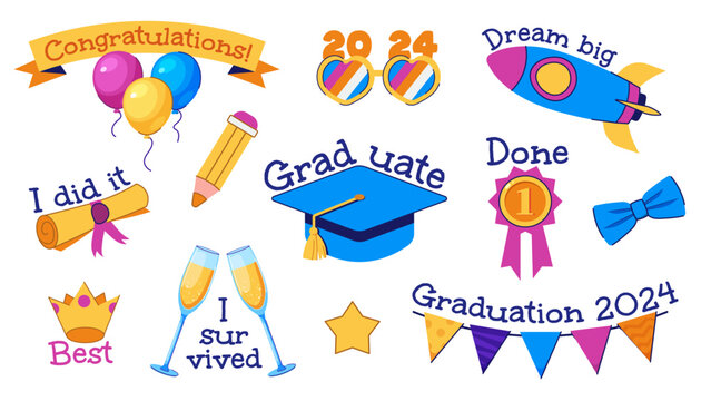 Set of funny graduation stickers. Templates with captions, props for graduation photos, graduation party. Vector illustration in flat style