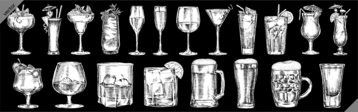 Vintage engraving isolated cocktail set illustration drink ink sketch. Alcohol background glass silhouette menu art. Black and white hand drawn vector image