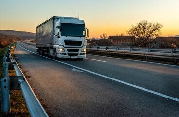 Big white truck driving on the highway through forested landscape at sunset.