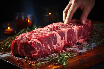 The butcher cuts pork ribs. Meat with bone on a wooden cutting board.