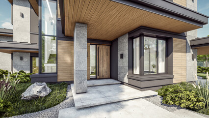 Fototapeta na wymiar 3d rendering of modern two story house with gray and wood accents, large windows, parking space in the right side of the building, surrounded by trees and bushes, green grass on lawn, daylight