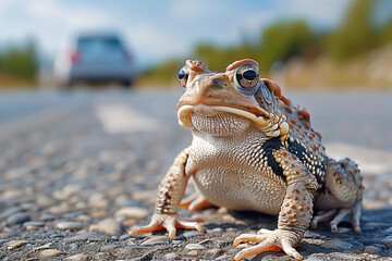 Toad crossing road to spawning ground, mating season of amphibian animal, wildlife in danger, migration in spring
