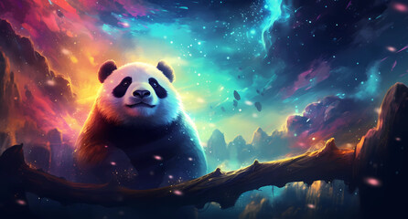 A panda in front of a colorful starry sky