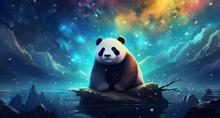 A panda in front of a colorful starry sky