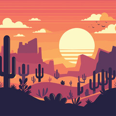 flat Vector desert sunset silhouette landscape cartoon background with wild cactus canyon mountain
