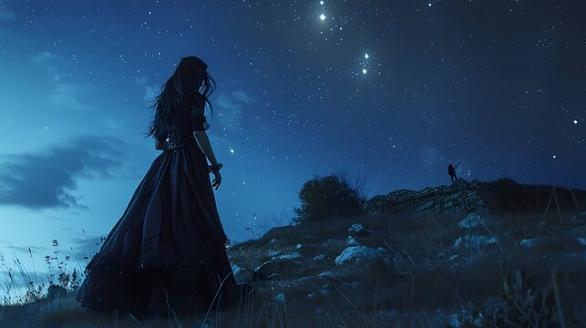 Fantasy image of a woman in a long black dress with a gun against the starry sky, Generative AI illustrations.
