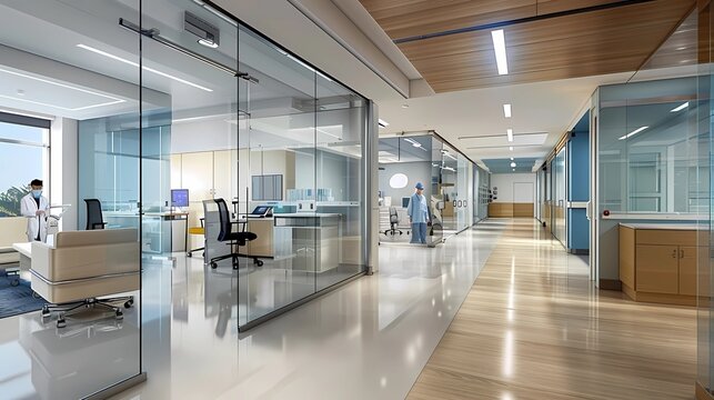 Modern office interior with glass walls and white floor, Generative AI illustrations.