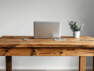 A minimalist style wooden table, featuring an open laptop placed on the surface. The desk is set against a white background, creating a clean and simple atmosphere that highlights both the natural bea