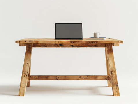 A minimalist style wooden table, featuring an open laptop placed on the surface. The desk is set against a white background, creating a clean and simple atmosphere that highlights both the natural bea