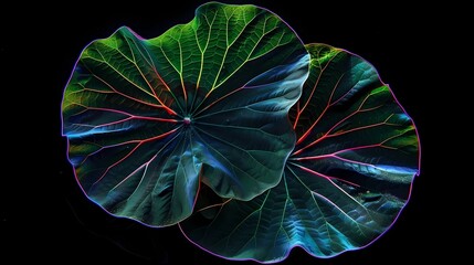 Lotus leaf on black background in neon light, Generative AI illustrations.