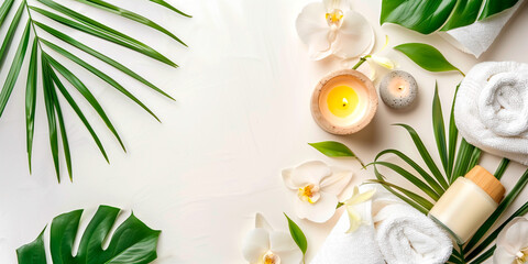 spa background banner wellness and spa composition with towels, candle, tropical leaves and orchid...