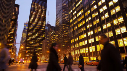 A bustling city street scene at dusk with illuminated office buildings towering over pedestrians and traffic.
