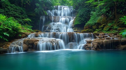 Fototapeta na wymiar Waterfalls: Photograph cascading waterfalls in lush green surroundings. 