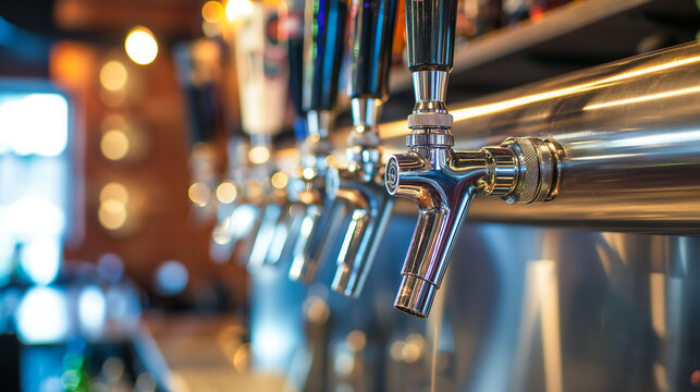 Row of stainless steel beer taps at a modern bar, with focus on the intricate details and craftsmanship.
