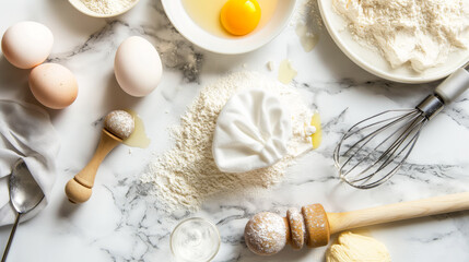 Top view image illustrating baking tools and ingredients like flour and eggs shaping into chef's hat on marble countertop.
