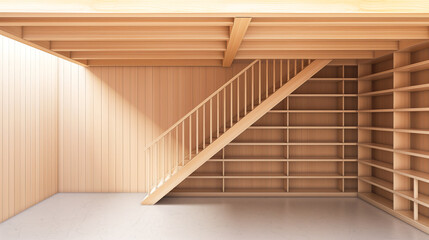 Wooden staircase leading down to a well-organized basement storage room with empty shelves and clean concrete floor.