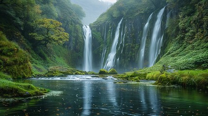 Waterfalls: Photograph cascading waterfalls in lush green surroundings.  - obrazy, fototapety, plakaty