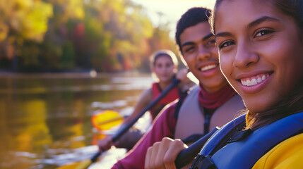 Group of young adults kayaking down a gentle river flanked by autumn-colored forests reflecting on water surface.