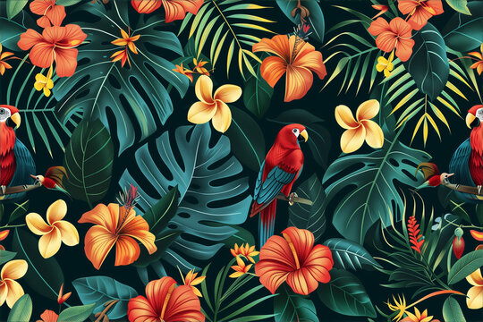 Tropical pattern with parrots and exotic flowers on dark green background