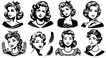 retro vintage portrait of girl in 50s pin-up style, vector silhouette print illustration