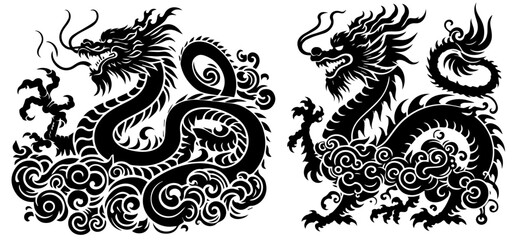 chinese dragon, decorative vector illustration, black silhouette svg, laser cutting cnc engraving