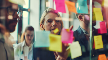Corporate team engaging in brainstorming session with sticky notes on glass wall.