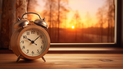 alarm clock on table on background - obrazy, fototapety, plakaty