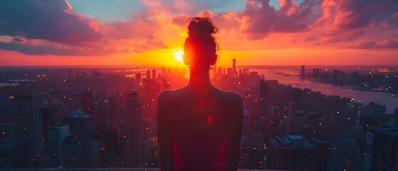 Silhouetted Successful Woman on Luxury Balcony at Sunset in New York City. Concept NYC skyline at sunset, luxury lifestyle, professional success, woman's silhouette, balcony scenery - obrazy, fototapety, plakaty