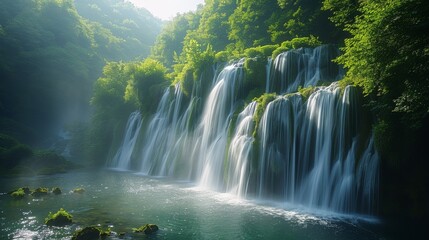 Waterfalls: Photograph cascading waterfalls in lush green surroundings. 